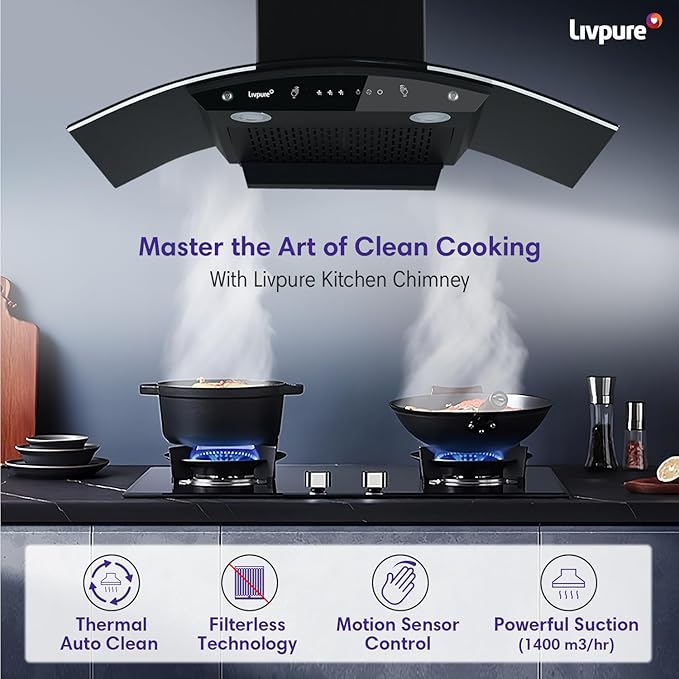 Picture of Livpure Swirl 90 1400 m3/hr Curved Glass | Filterless Autoclean Kitchen Hood |10 Year Warranty On Motor|Touch & Gesture Control, Black