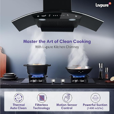 Picture of Livpure Swirl 90 1400 m3/hr Curved Glass | Filterless Autoclean Kitchen Hood |10 Year Warranty On Motor|Touch & Gesture Control, Black