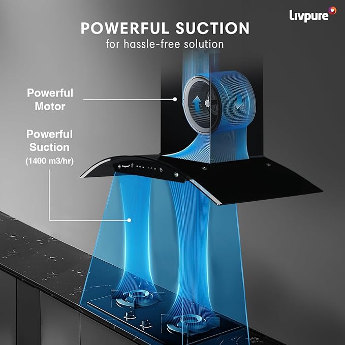 Picture of Livpure Swirl 90 1400 m3/hr Curved Glass | Filterless Autoclean Kitchen Hood |10 Year Warranty On Motor|Touch & Gesture Control, Black