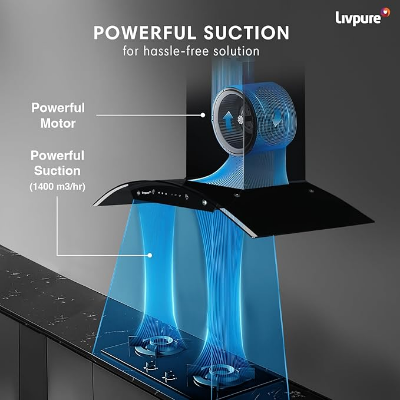 Picture of Livpure Swirl 90 1400 m3/hr Curved Glass | Filterless Autoclean Kitchen Hood |10 Year Warranty On Motor|Touch & Gesture Control, Black