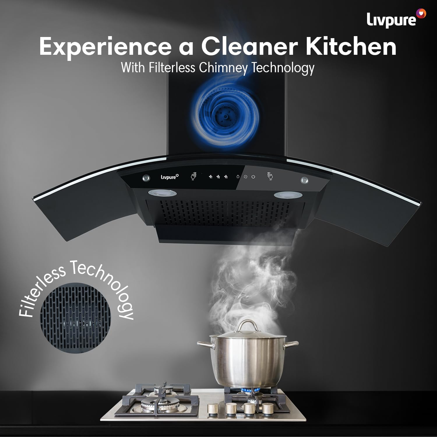 Picture of Livpure Swirl 90 1400 m3/hr Curved Glass | Filterless Autoclean Kitchen Hood |10 Year Warranty On Motor|Touch & Gesture Control, Black