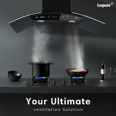 Picture of Livpure Swirl 90 1400 m3/hr Curved Glass | Filterless Autoclean Kitchen Hood |10 Year Warranty On Motor|Touch & Gesture Control, Black