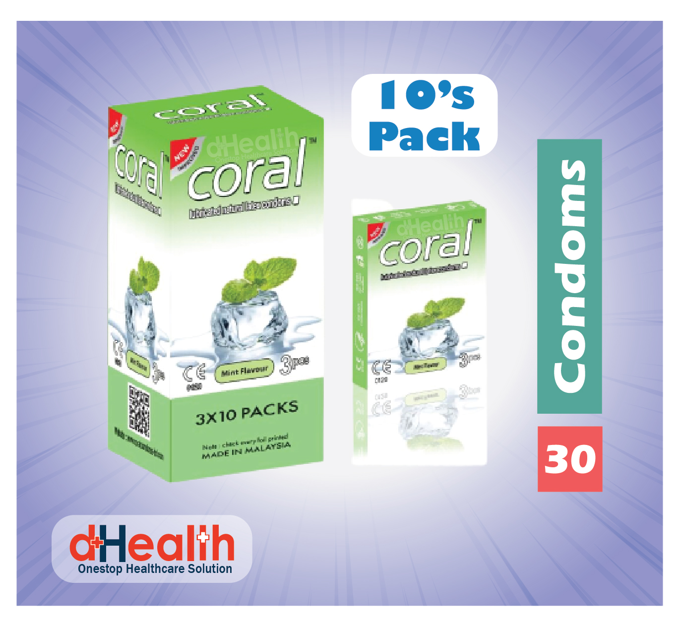Picture of Coral Mint Flavor Condom Full Box / 10's Pack (30 Pcs)