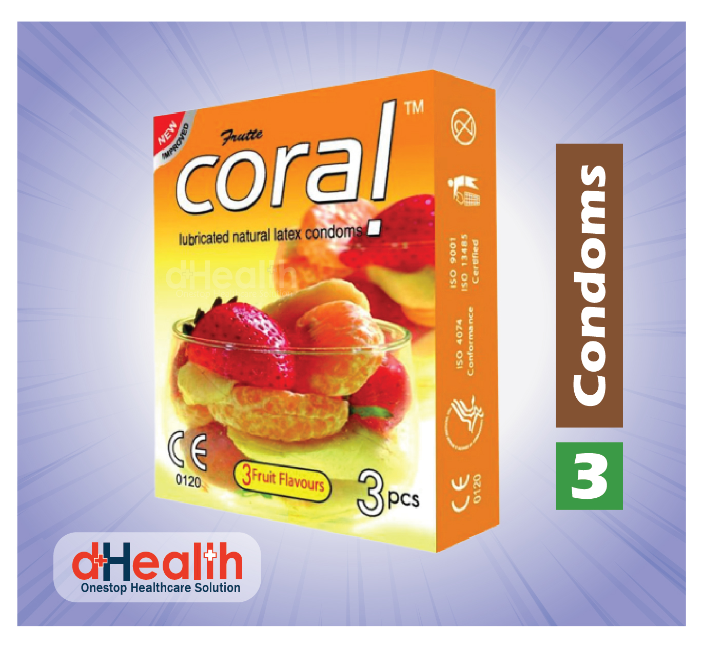 Picture of Coral 3 Fruits Flavor Condom Fruits 2's Combo Pack, 6 Pcs