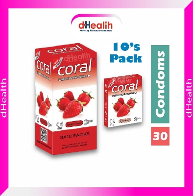 Picture of Coral Strawberry Flavor Lubricated Natural  Latex Condom Full Box 10 Pack (30 Pcs)