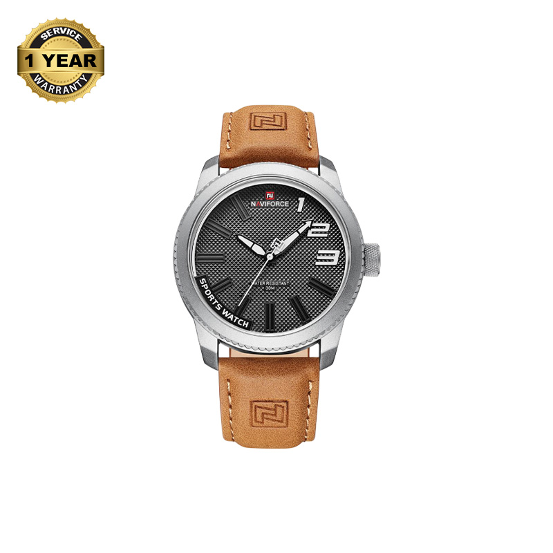 Picture of NAVIFORCE NF9202 Brown PU Leather Analog Watch For Men - Silver & Brown