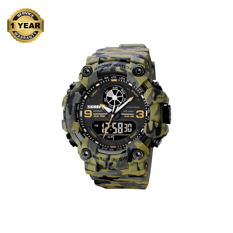 Picture of SKMEI 1818 Army Green Camouflage PU Dual Time Sports Watch For Men - Army Green Camouflage