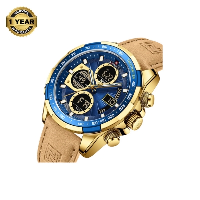 Picture of NAVIFORCE NF9197 Brown PU Leather Dual Time Watch For Men - Golden & Brown