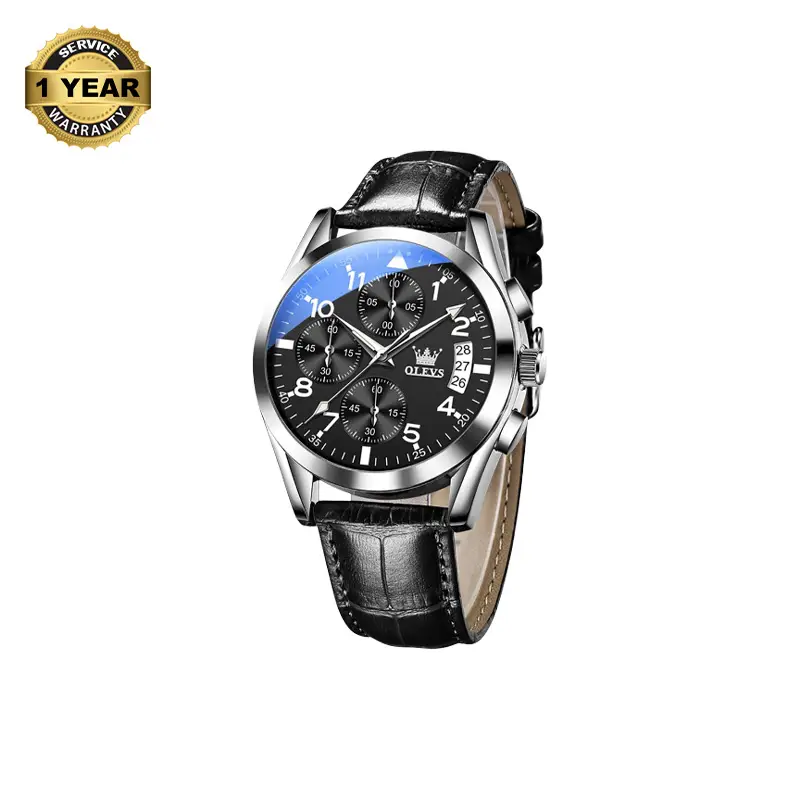 Picture of OLEVS 2878 Black PU Leather Chronograph Watch For Men - Black & Silver