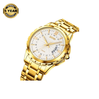 Picture of SKMEI 9069 Golden Stainless Steel Analog Watch For Men - White & Golden
