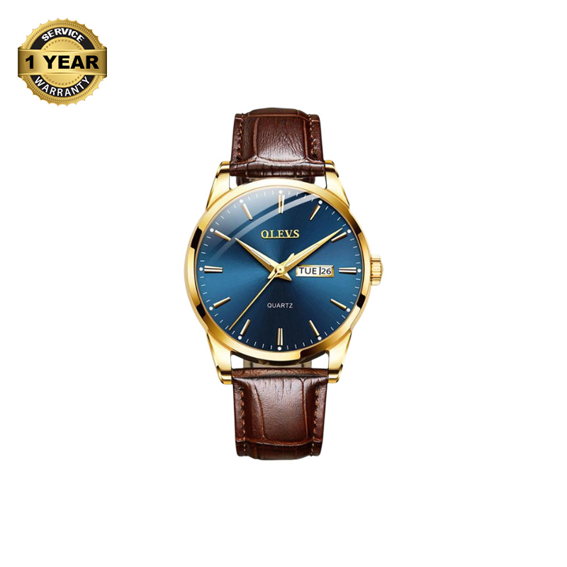 Picture of OLEVS 6898 Chocolate PU Leather Analog Watch For Men - Royal Blue & Chocolate