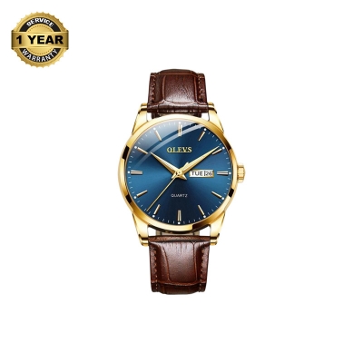 Picture of OLEVS 6898 Chocolate PU Leather Analog Watch For Men - Royal Blue & Chocolate