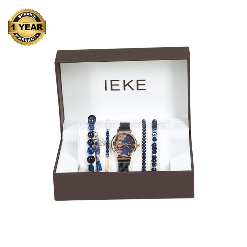 Picture of IEKE 88055 Flower Royal Blue Mesh Stainless Steel Analog Watch For Women - Rose Gold and Royal Blue