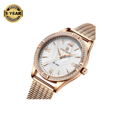 Picture of NAVIFORCE NF5028 RoseGold Mesh Stainless Steel Analog Watch For Women - White & RoseGold