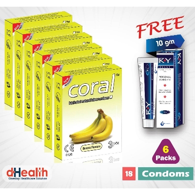 Picture of Coral Banana Flavor Condom 6's Pack (18 Pcs), 1 Ry Jelly 10g (Personal Lubricant) Free
