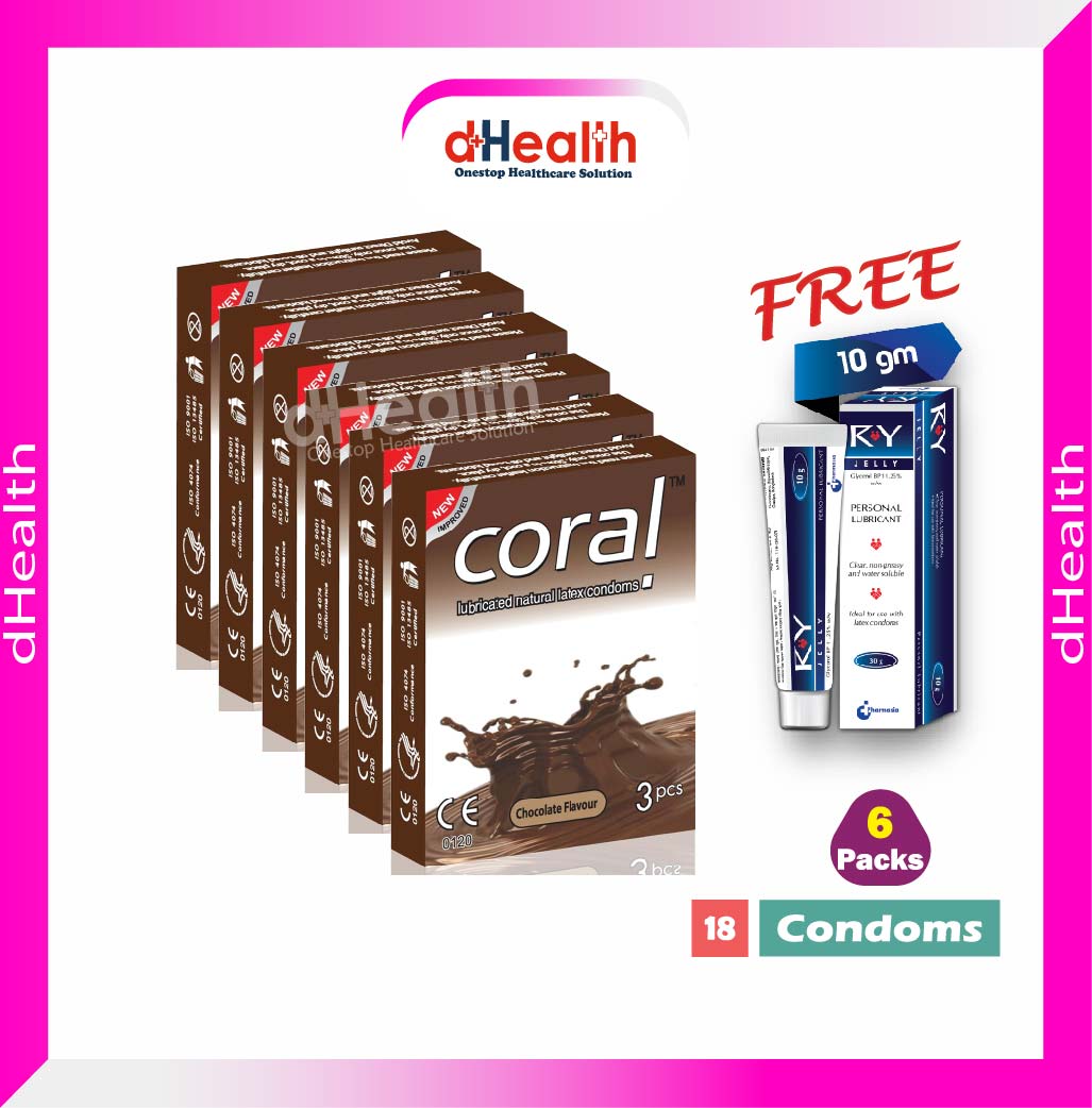 Picture of Coral Chocolate Flavor Condom 6's Pack (18 Pcs), 1 Ry Jelly 10g (Personal Lubricant) Free