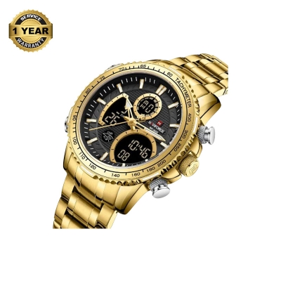 Picture of NAVIFORCE NF9182 Golden Stainless Steel Dual Time Wrist Watch For Men - Black & Golden