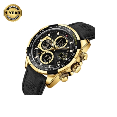 Picture of NAVIFORCE NF9197 Black PU Leather Dual Time Watch For Men - Golden & Black