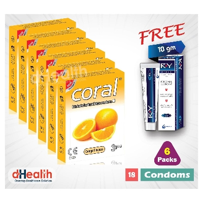 Picture of Coral Orange Flavor Condom 6 Packs (18 Pcs), 1 Ry Jelly 10g (Personal Lubricant) Free