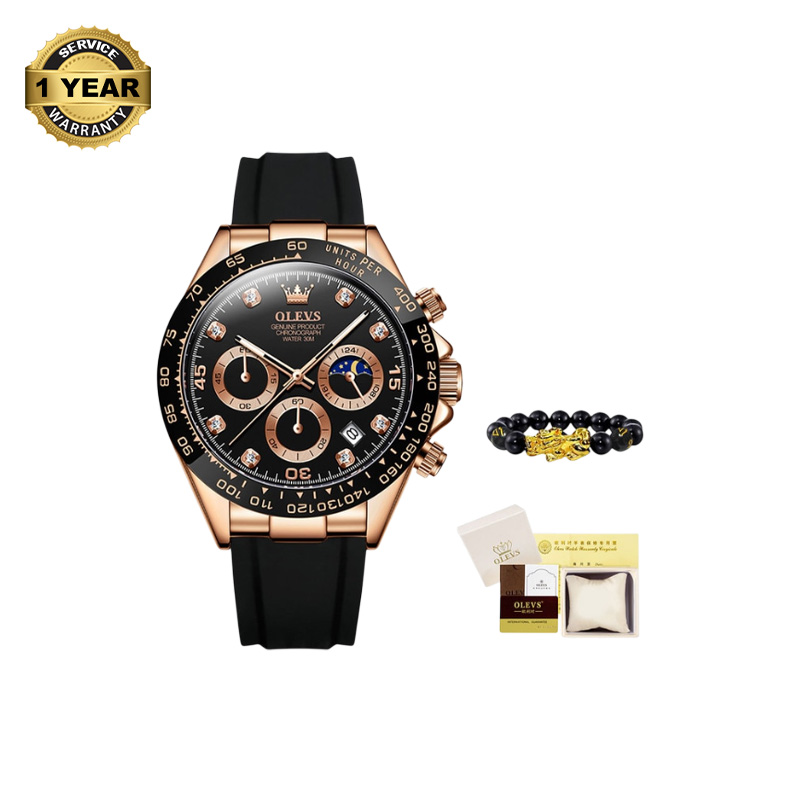 Picture of OLEVS 2875 Black Rubber Chronograph Watch For Men - Black & RoseGold