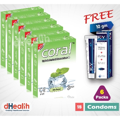 Picture of Coral Mint Flavor Condom 6's Pack (18 Pcs), 1 Ry Jelly 10g (Personal Lubricant) Free