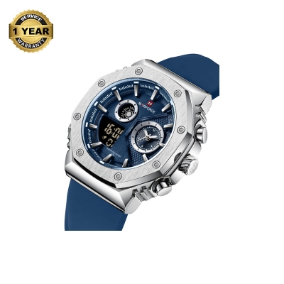 Picture of NAVIFORCE NF9216 Navy Blue TPU Silicone Strap Dual Time Watch For Men - Silver & Navy Blue