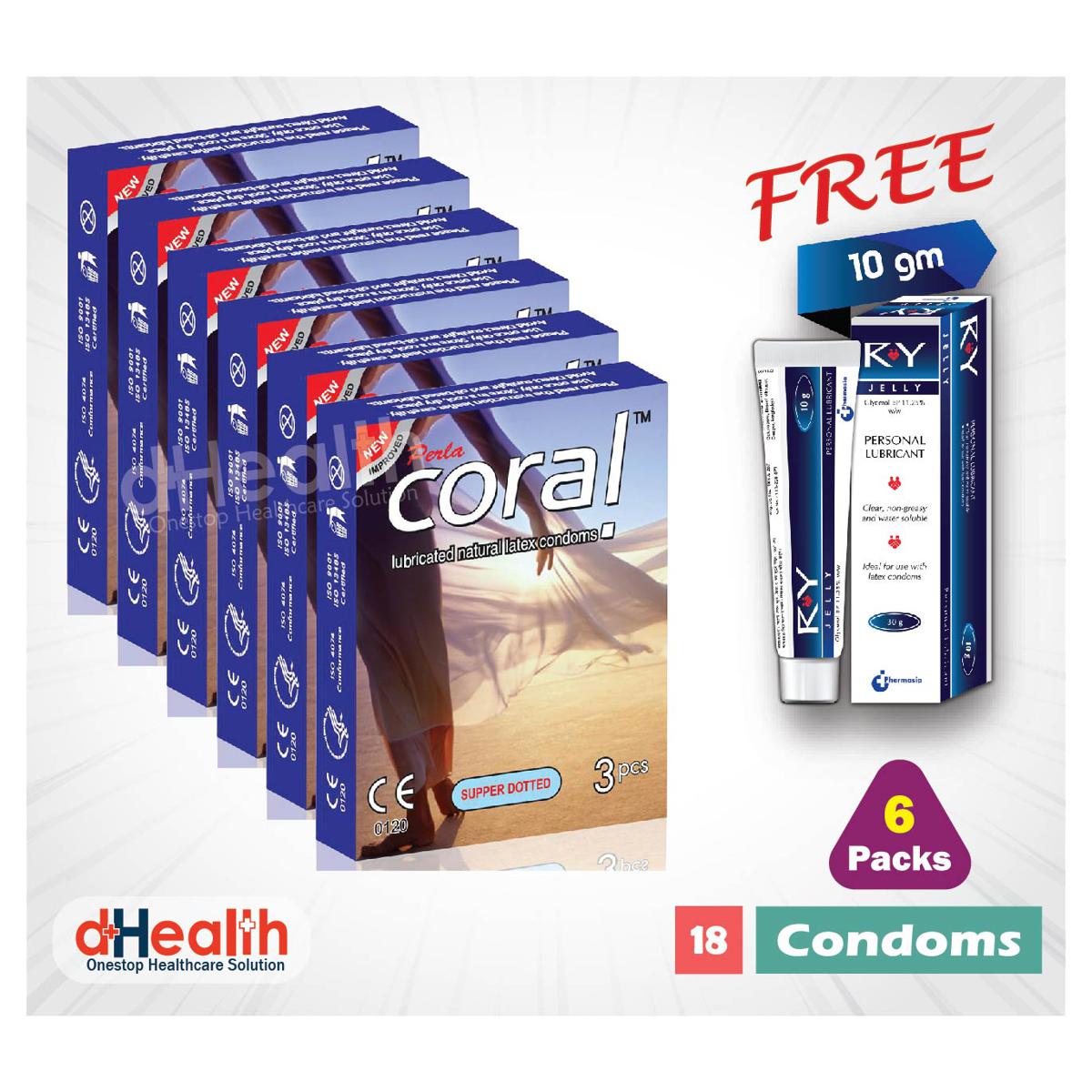 Picture of Coral Supper Dotted 6 Packs (18 Pcs), 1 Ry Jelly 10g (Personal Lubricant) Free