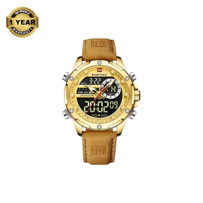 Picture of NAVIFORCE NF9208 Brown PU Leather Dual Time Watch For Men - Golden & Brown