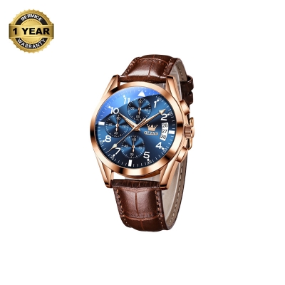 Picture of OLEVS 2878L Chocolate PU Leather Chronograph Watch For Men - Royal Blue & RoseGold