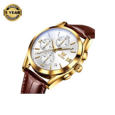 Picture of OLEVS 2872 Chocolate PU Leather Chronograph Watch For Men - White & Golden
