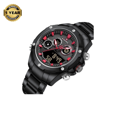 Picture of NAVIFORCE NF9217 Black Stainless Steel Dual Time Watch For Men - Red & Black