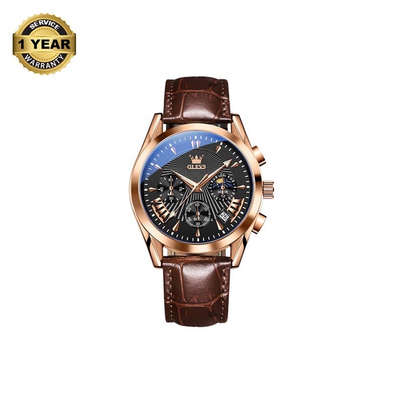 Picture of OLEVS 2876 Chocolate PU Leather Chronograph Watch For Men - Black & RoseGold