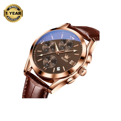 Picture of OLEVS 2872 Chocolate PU Leather Chronograph Watch For Men - Bronze & RoseGold