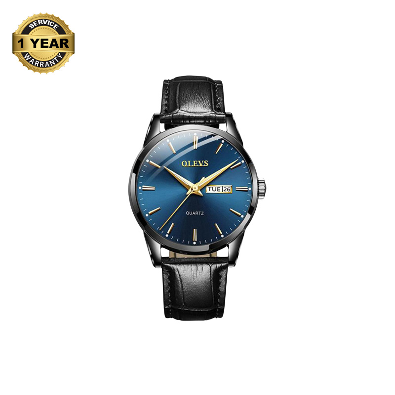 Picture of OLEVS 6898 Black PU Leather Analog Watch For Men - Royal Blue & Black