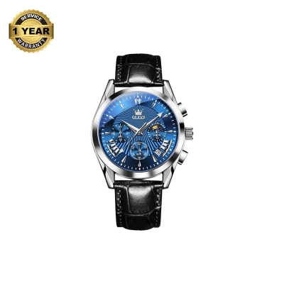 Picture of OLEVS 2876 Black PU Leather Chronograph Watch For Men - Royal Blue & Silver
