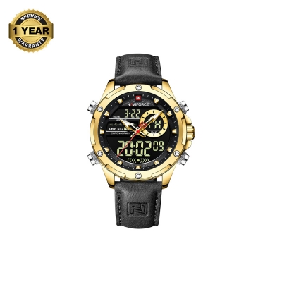 Picture of NAVIFORCE NF9208L Black PU Leather Dual Time Watch For Men - Golden & Black