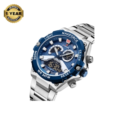 Picture of NAVIFORCE NF9207 Golden Stainless Steel Dual Time Watch For Men - Royal Blue & Silver