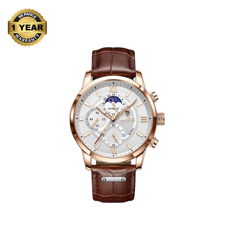 Picture of LIGE 8932 Chocolate PU Leather Chronograph Watch For Men - White & Chocolate