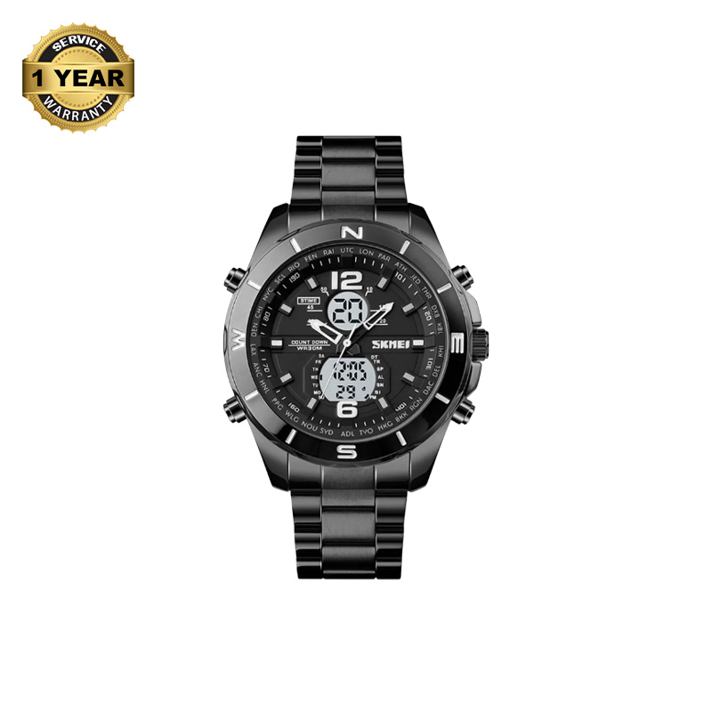 Picture of SKMEI SK1670 Black Stainless Steel Dual Time Watch For Men - White & Black