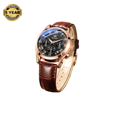 Picture of OLEVS 2871 Chocolate PU Leather Chronograph Watch For Men - Black & RoseGold