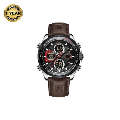 Picture of NAVIFORCE NF9197 Chocolate PU Leather Dual Time Watch For Men - Silver & Chocolate