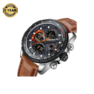 Picture of NAVIFORCE NF9197 Dark Brown PU Leather Dual Time Watch For Men - Silver & Dark Brown