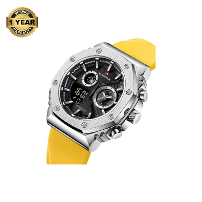 Picture of NAVIFORCE NF9216 Yellow TPU Silicone Strap Dual Time Watch For Men - Silver & Yellow