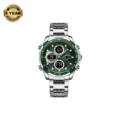 Picture of NAVIFORCE NF9197 Silver Stainless Steel Dual Time Watch For Men - Green & Silver