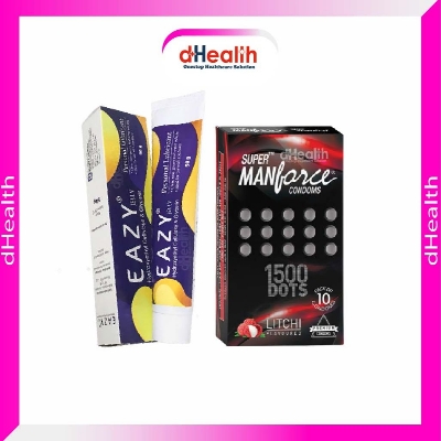 Picture of 1 Eazy Jelly 50gm & 1 Pack (10pcs) Manforce Super Litchi 1500 Dotted Condom