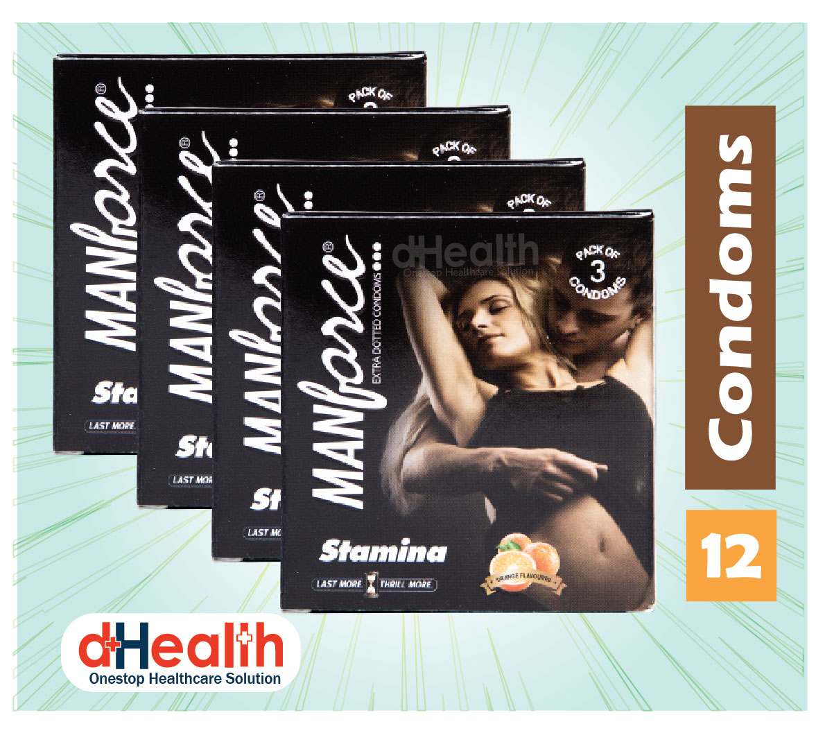 Picture of Manforce Stamina Condom Orange Flavor 4's Combo pack 3x4=12 pcs