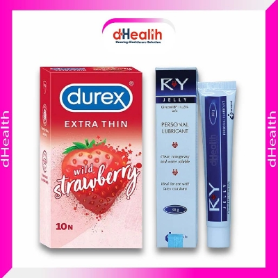 Picture of Durex Extra Thin Strawberry Condoms - 10 Pcs Pack (India) & RY Jelly, 30g Personal lubricant Combo