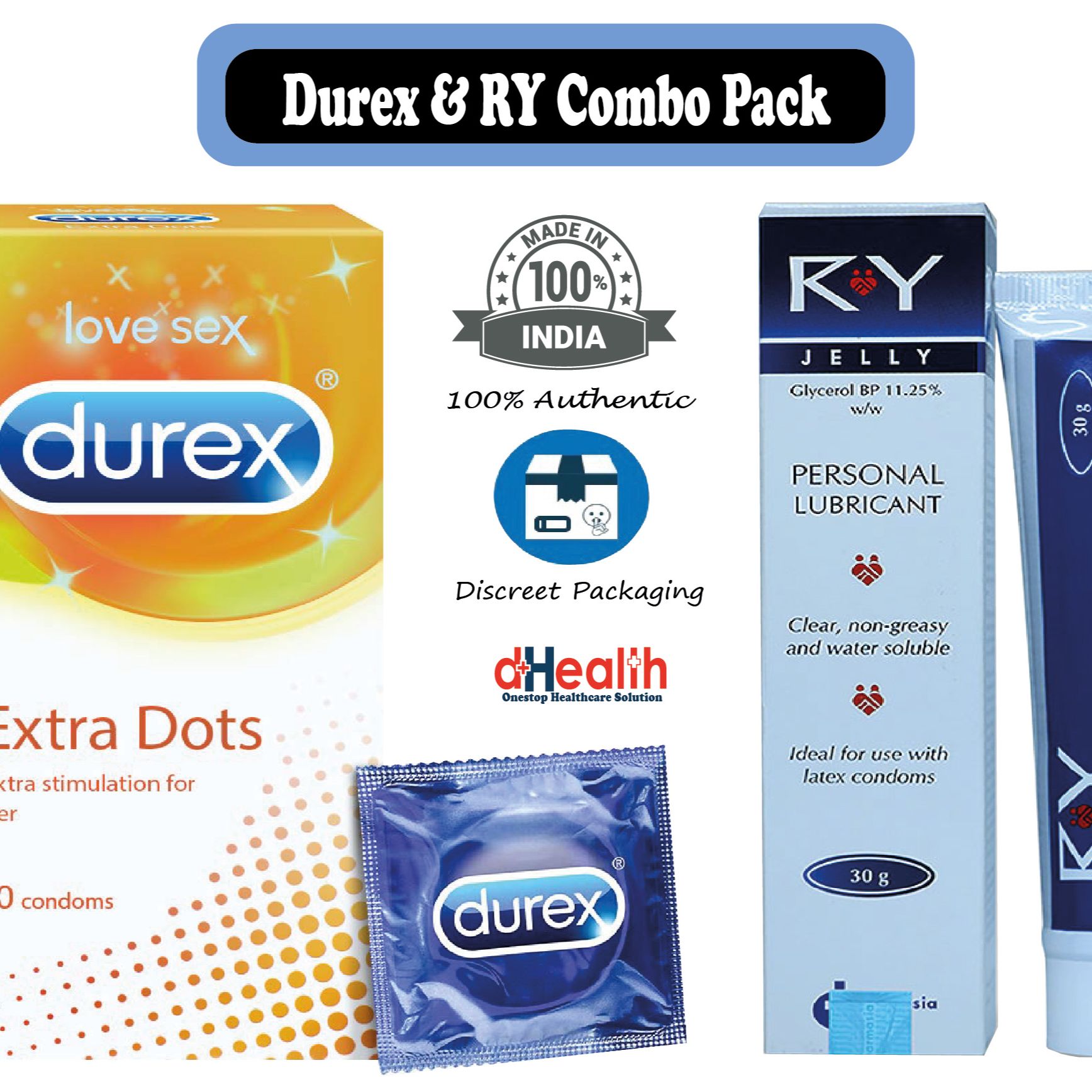Picture of Durex Extra Dots Condoms 10 Pcs Pack (India) & RY Jelly Personal lubricant 30g Combo