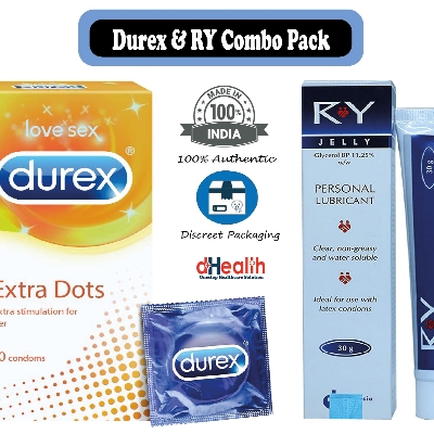 Picture of Durex Extra Dots Condoms 10 Pcs Pack (India) & RY Jelly Personal lubricant 30g Combo