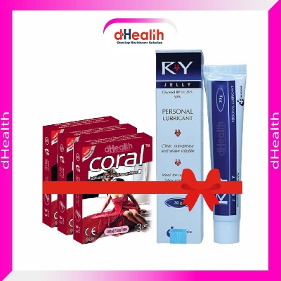 Picture of Coral Dotted Extra Time Condom 3 Pack & RY Jelly 30gm 1 Pc Combo Pack